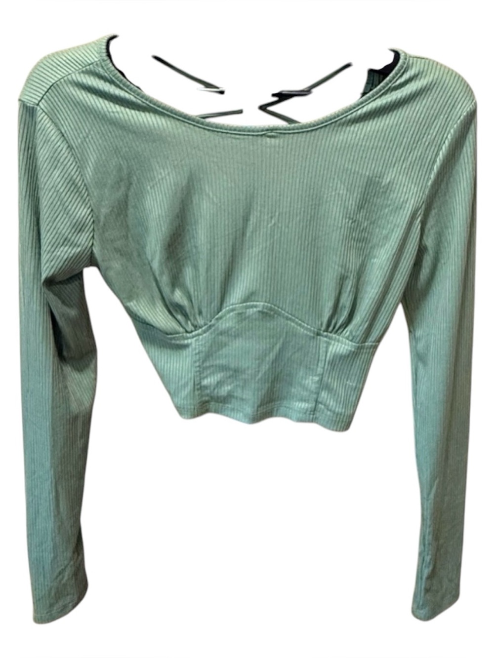 Just Polly Sage Green Ribbed Corset Lace-Up Back Crop Top Long Sleeve XL